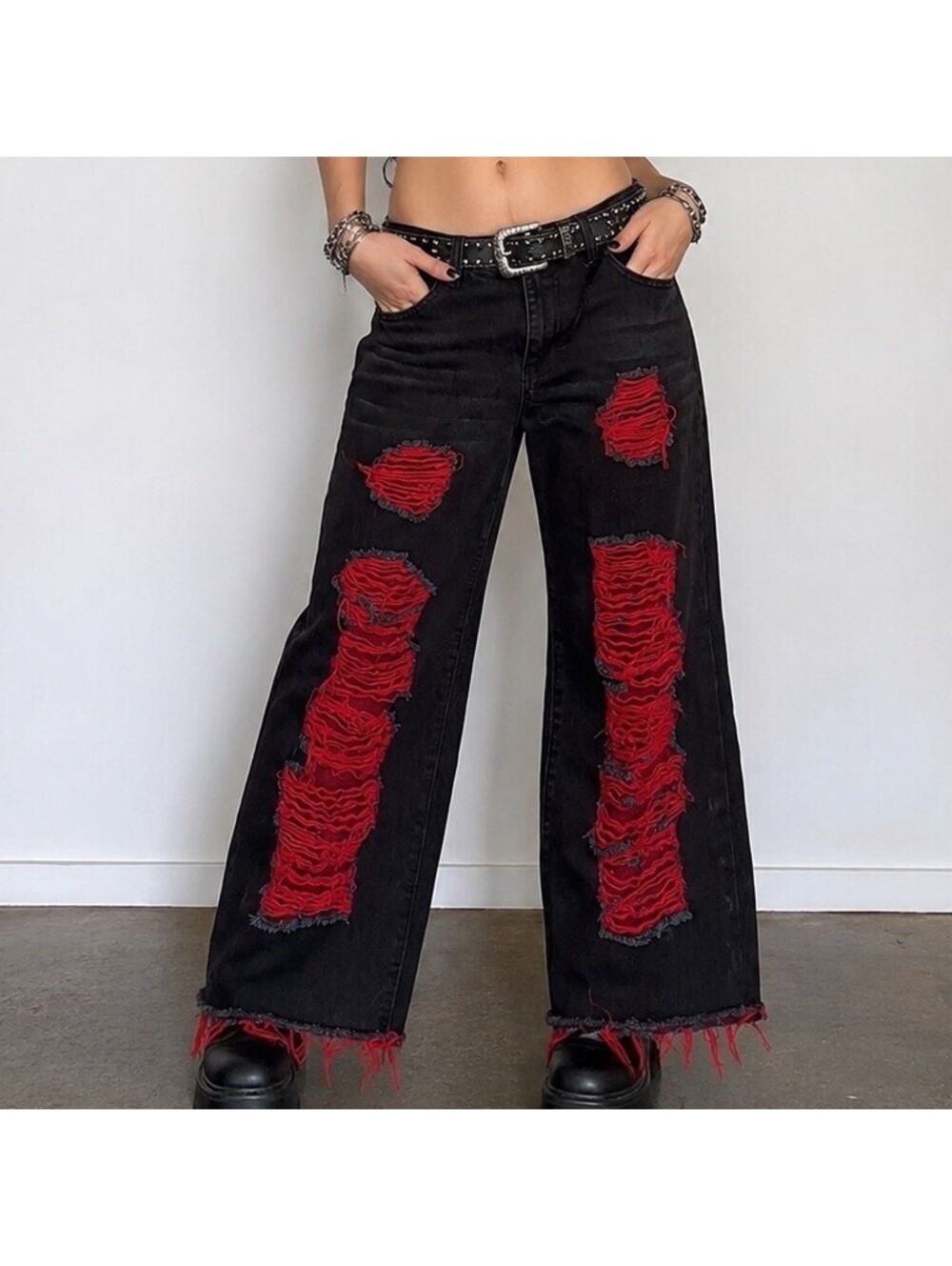 Hot Topic Black Red Distressed Wide Leg Jeans Women’s Medium 27” Waist Emo Goth